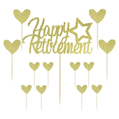 Image of Siipoo Gold Glitter Happy Retirement Cake Toppers with Heart Cupcake Theme Party Decoration Supplies Pack of 13