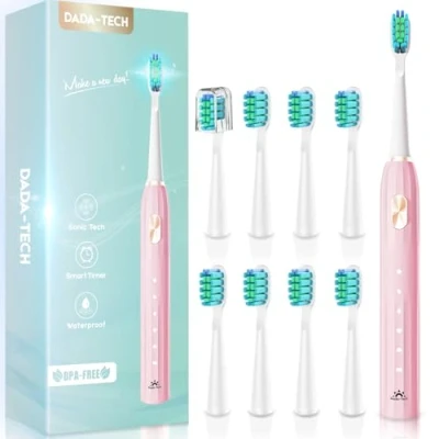 Image of Sonic Toothbrush, Electric Toothbrush Adults Kids Rechargeable with 9 Reminder Brush Heads 5 Cleaning Modes 2 Minute Timer Tooth (Pink)