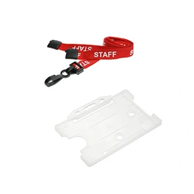 Image of ID Card It 1 Red Staff Safety Breakaway Neck Lanyard (Plastic Clip) &amp; Clear Pass Badge Holder