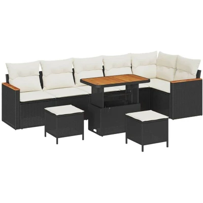 Image of vidaXL 9 Piece Garden Sofa Set with Cushions Black Poly Rattan Acacia