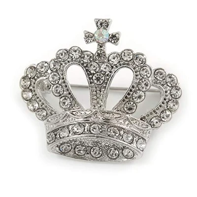 Image of Avalaya Clear Crystal Crown Brooch in Silver Tone 35mm Across