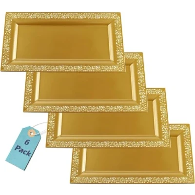 Image of Yumchikel Decorative Plastic Serving Tray &amp; Platter Set (6 pk) Gold lace Rim Trays Platters for Food Weddings, Upscale Parties, Dessert Table, Cupcake Display 14&quot;x7.5&quot; inches