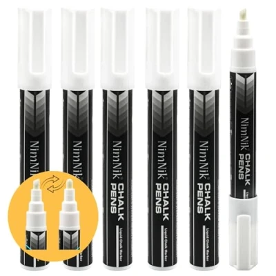 Image of NIMNIK White Chalk Markers for Blackboards 6mm Reversible Nib Wet Wipe Liquid Pens Glass, Windows 6 Pack