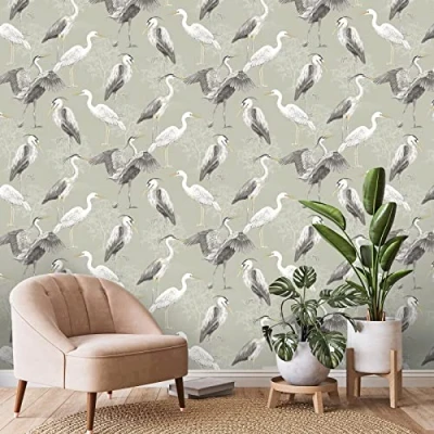 Image of Dimension Heron Wallpaper Modern for Living Room, Bedroom, Fireplace Decorative Luxury Nature Wall Paper with Hand Drawn Herons &amp; Trees (White/Grey/Sage Green)