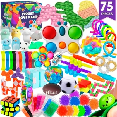 Image of 75 pcs Fidget Toys Kids Pack Pinata Fillers, Party Favours, Classroom Prizes, Stress Relief, Treasure Chest Goodie Bag Rewards with Pop its for ADHD, Autism Bulk Fidgets Box Gifts Boys and Girls