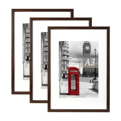 Image of Scholar Tree Brown Photo Frame Picture Frames, A3 with Mat for A4 Mount Picture, Set of 3, Wall Mountable