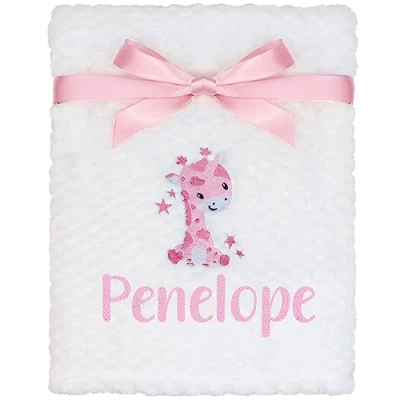 Image of TeddyT&#039;s Personalised Baby Giraffe Embroidered White Waffle Blanket (Pink Embroidery)