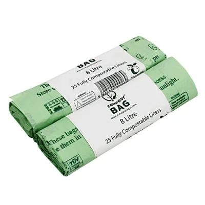 Image of 8 Litre x 50 Bags (2 Rolls) Compostable Kitchen Caddy Liner Food Waste Bin Liners EN 13432 8L with Composting Guide