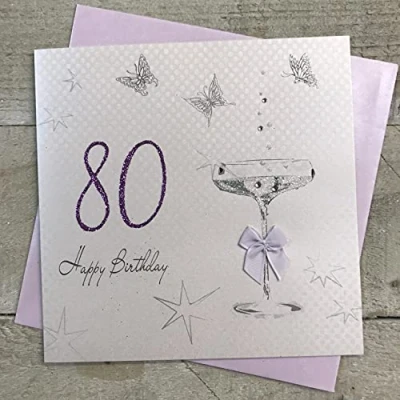 Image of WHITE COTTON CARDS 80th Birthday Card, Sparkly Coupe Glass, Bubbles Handmade BDA80