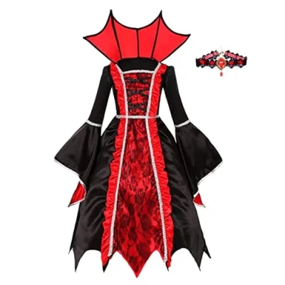 Image of ThinkMax Halloween Vampire Costume Set for Girls, Vampiress Queen Dress Up Party, Role Playing Cosplay, Themed