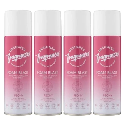 Image of Designer Fragrances 4 Pack Peony Carpet &amp; Upholstery Freshener Foam Blasts For Carpets, Sofas, Cushions, Car Seats Lasting Smell, Spray on Deodorise Neutralise Odours 300ml