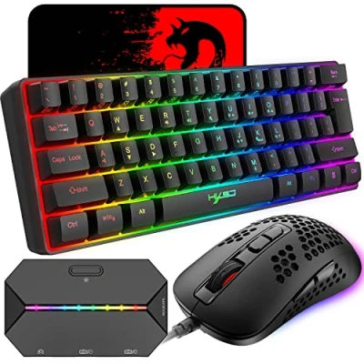 Image of 60% Wired Compact Gaming Keyboard 61 Keys 11 RGB Backlight Full Anti ghosting + Lightweight Mouse 2400DPI Honeycomb Optical Converter Adapter for PS4/Xbox Gamers (Black)