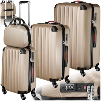 Image of TecTake® Hard Shell Suitcase Set, Lightweight Suitcases with TSA Lock Including Large, Medium, Small Carry On and Beauty Case, 360 Degree Wheels, Ergonomic Telescopic Handle Champagne