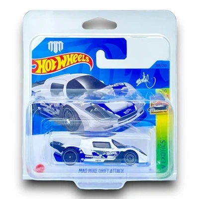 Image of Hot Wheels Mad Mike Drift Attack (White &amp; Blue) 5/10 HW Exotics 2023 209/250 (Short Card) COMES IN A KLAS CAR KEEPER SHORT CARD PROTECTOR CASE HKG58
