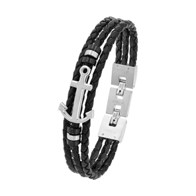 Image of s.Oliver bracelet stainless steel leather men&#039;s arm jewelry, 20+1,5 cm, bicolor, anchor, Comes in jewelry gift box, 2018683
