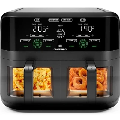 Image of CHEFMAN 5.6 Litre Dual Basket Air Fryer Oven with Easy View Windows, Sync Finish, Hi Fry, Auto Shutoff, Nonstick Dishwasher Safe Frying Baskets, 2100W, Digital Double Black