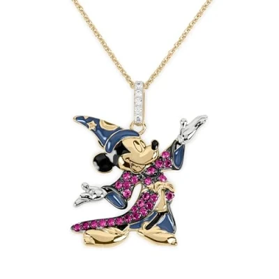 Image of DISNEY 100 Mickey Fantasia Sorcerer&#039;s Apprentice Gold Plated Pendant with Ruby &amp; Cubic Zirconia Stones
