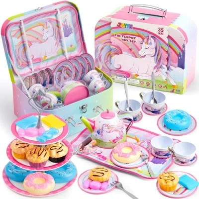 Image of JOYIN Tea Set Toys for Girls 35Pcs Unicorn Party toddlers Tin Teapot Princess Time Kitchen Pretend Play children Age 3 4 5 6 Year Old Birthday Gifts