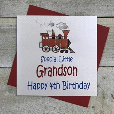 Image of white cotton cards 4TRAIN Special Little Grandson Happy 4th Birthday Train,16cm x 16cm