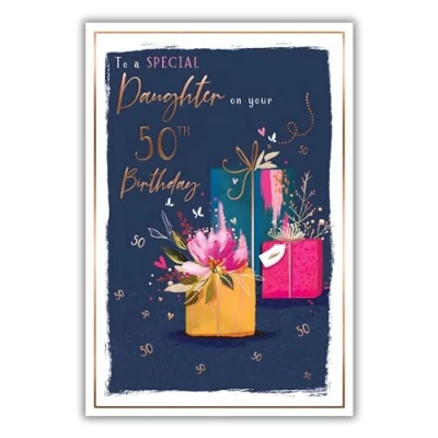 Image of Daughter 50th Birthday Card Age 50 Butterflies and Love Hearts Floral Design Special Finishes Illustrated Insert Leaf Made in the UK Eco Friendly