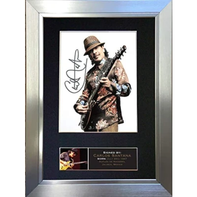 Image of CARLOS SANTANA Signed Autograph Mounted Photo Reproduction PRINT A4 Very Rare (297 x 210mm) #668 (Silver Frame)