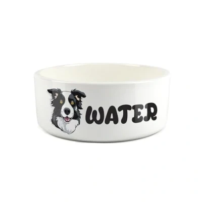 Image of Border Collie Pet Bowl Cartoon Dog Portrait Large Ceramic Water Novelty White Dish For Dogs