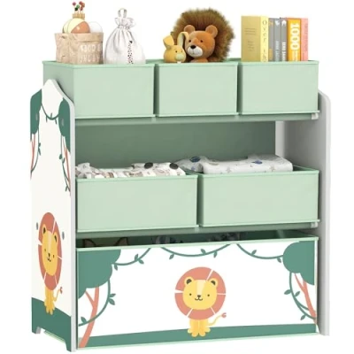 Image of AIYAPLAY 3 Tier Kids Storage Shelf with 6 Removable Fabric Boxes, Green