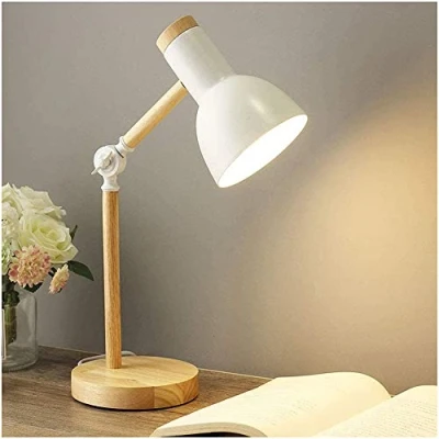 Image of Bedside Table Lamp, Modern Wood Desk Lamp with Metal Shade Adjustable Nightstand for Office, Study Room, Bedroom, Living Kids Side Table, Reading Desk, ON/Off Switch,White