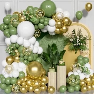 Image of 136Pcs Sage Green Balloon Arch Kit, White Olive Metallic Gold Party Balloons Garland Kit for Birthday Bridal Baby Shower Congratulations Wedding Anniversary Decorations Supplies