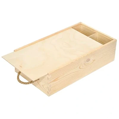 Image of Creative Deco Unpainted Wooden Wine Box with Rope 2 Bottles 35x20x10cm Natural Wood Holder Bottle Gift Christmas Xmas Storage Chest Presentation