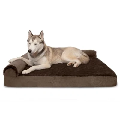 Image of FurHaven XL Memory Foam Dog Bed Plush &amp; Velvet L Shaped Chaise w/Removable Washable Cover Sable Brown, Jumbo (X Large)