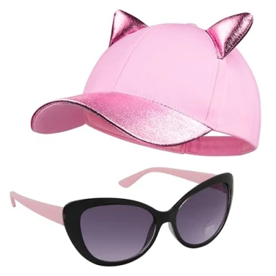 Image of CityComfort Girls Baseball Cap and Sunglasses Set Sun Hat with UV Protection (Pink)