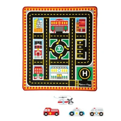 Image of Melissa &amp; Doug Round The City Rescue Rug With 4 Wooden Vehicles (39 x 36 inches)