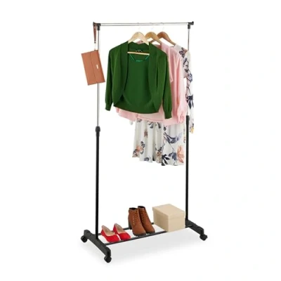 Image of Relaxdays Rack on Wheels, Metal, Height Adjustable, 91 156x76x40.5 cm, Clothing Rail, Coat Storage, Black/Silver, Steel, Plastic