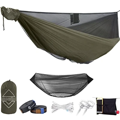 Image of onewind 12Ft Camping Hammock with Mosquito Net, Ridgeline Double Portable Lightweight Large Ripstop Nylon Durable 2 * Tree Straps for Hiking Backpacking, OD Green