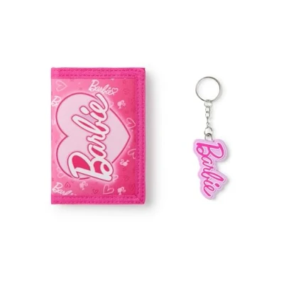 Image of Barbie Girls Wallet Pink Trifold Heart All Over Print for Kids Childrens Cash &amp; Card Holder Keychain Fashion Doll Animated Movie Merchandise Gift