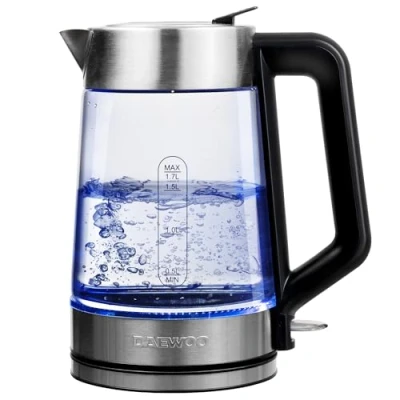 Image of Daewoo 1.7L 3000W Easy Fill Kettle with Illuminated Glass Body, 360 Swivel Base and Water Level Gauge, Built In Safety Features for Left Right Handed