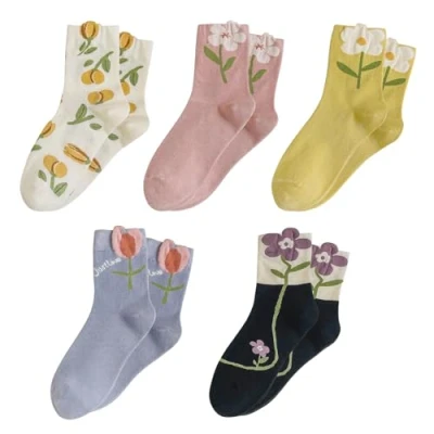 Image of AABDTYYD 5 Pairs Womens Socks,Crew Socks Women,Ladies Socks,Floral Print Embroidered Breathable Socks,Funky Socks,Novelty Socks,Pop Women,Elastic Floral Set,Pop for Women and Girls
