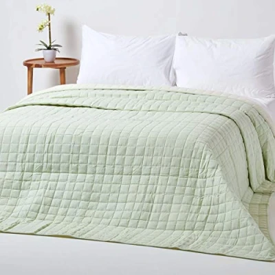 Image of HOMESCAPES 100% Cotton Reversible Twin Colour Quilted Bedspread Throw Light Sage Green &amp; Cream Single 150 x 200 cm Washable Bedding Sofa