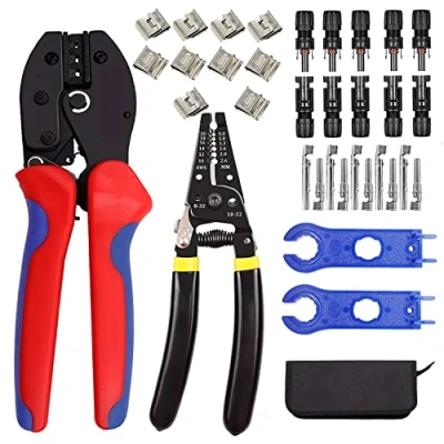 Image of QeeHeng Crimping Tool Kit Solar Cable Connector,1 Crimper,1 Wire Stripper,5 Pairs Male/Female Panel Connectors, 2 Straight Wrenches,35PCS Wiring Kits