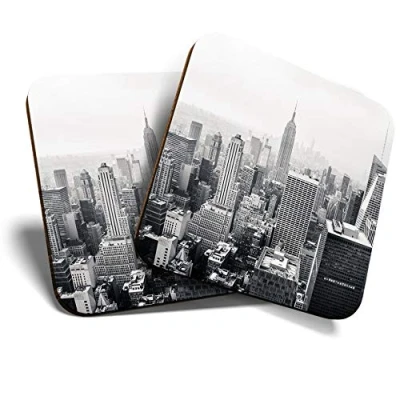 Image of 2 x Square Coasters Black &amp; White New York City Aerial View Cork Backed Home Kitchen Accessory Tea Coffee Mug Mat #44290