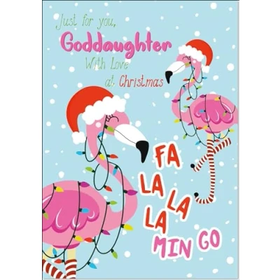 Image of doodlecards Goddaughter Christmas Card Flamingo Tree Lights Medium Size with Plain Envelope