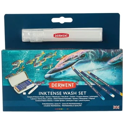 Image of Derwent Inktense Wash Set, with 8 Watercolour Pencils, Spritzer, Water Brush &amp; Paintbrush in Tin, Soluble, for Drawing, Colouring or Painting on Paper Fabric, Professional Quality (2302584)
