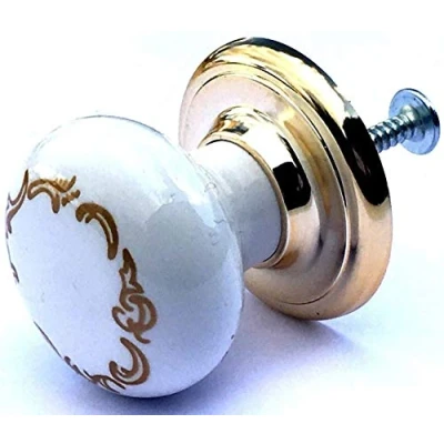 Image of 4 x White &amp; Gold Scroll KNOBS 35mm Ceramic Porcelain Cupboard Cabinet knob