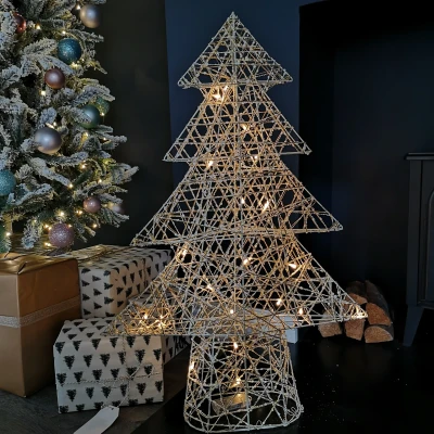 Image of 80cm Warm White Battery Operated LED and Gold Woven Tree Silhouette Christmas Decoration