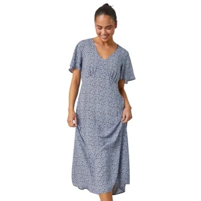 Image of Roman Womens Petite Ditsy Paisley Midi Dress Navy Size 8 UK