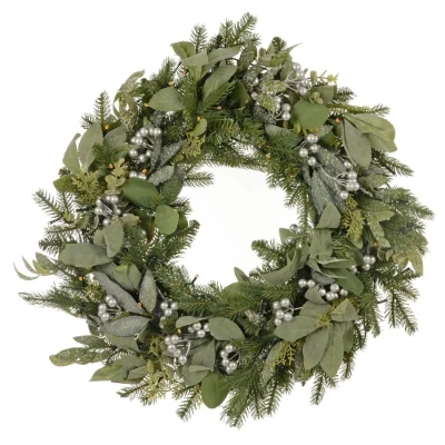 Image of Mr Crimbo Pre Lit Christmas Wreath Mixed Artificial Green Frosted Foliage Silver Berries Pine 60cm