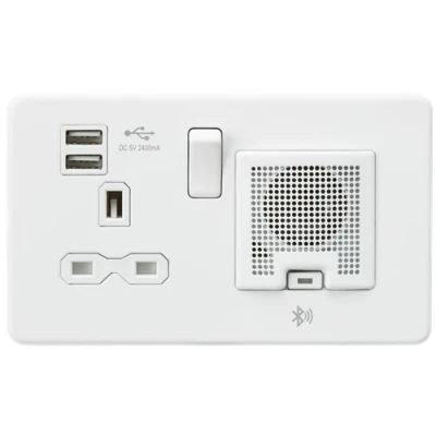 Image of KnightsBridge Screwless 13A socket, USB chargers (2.4A) and Bluetooth Speaker Matt white