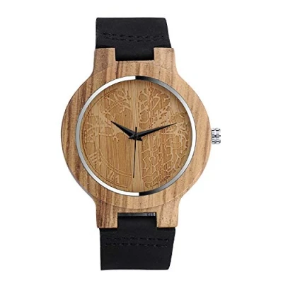 Image of MICGIGI Unisex Bamboo Wood Quartz Watch Tree of Life Genuine Leather Strap Natural Wrist