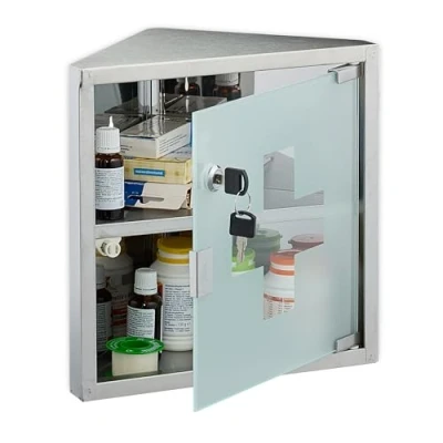 Image of Relaxdays Corner Medicine Cabinet, 1 Shelf, 30x30x17.5 cm, Lock, First Aid Cupboard, Stainless Steel, Glass Door, Silver